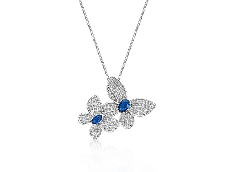 Blue Cubic Zirconia, Rhodium Plated over Sterling Silver Butterfly Pendant Necklace