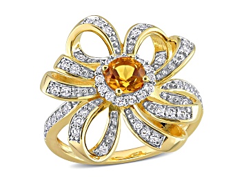Picture of Madeira Citrine and White Topaz 18k Yellow Gold Over Sterling Silver Flower Cocktail Ring 0.88ctw