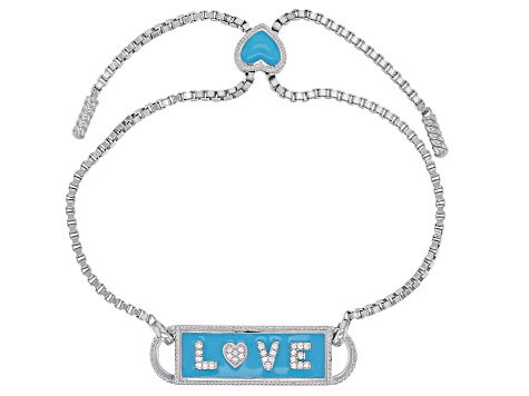 Judith Ripka 0.20ctw Bella Luce® Diamond Simulant & Blue Enamel Rhodium Over Sterling Love Bracelet