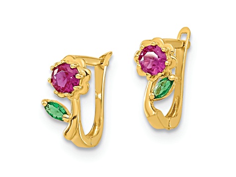 14K Yellow Gold Polished Red and Green Cubic Zirconia Flower Hoops Earrings