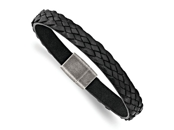 Picture of Black Braided Leather and Stainless Steel Antiqued 8.25-inch Bracelet