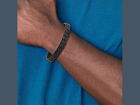Black Braided Leather and Stainless Steel Antiqued 8.25-inch Bracelet