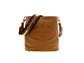 Prada Vitello Phenix Bucket Crossbody Bag Caramel Brown Web Strap