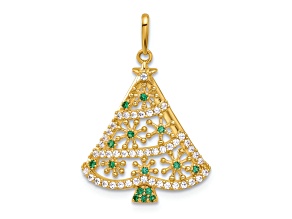 14K Yellow Gold Polished Green and White Cubic Zirconia Christmas Tree Pendant