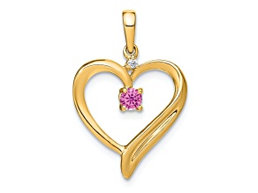 14k Yellow Gold Lab Created Pink Sapphire and Diamond Heart Pendant