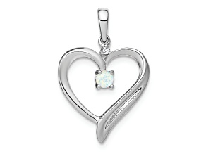 Rhodium Over 14k White Lab Gold Created Opal and Diamond Heart Pendant