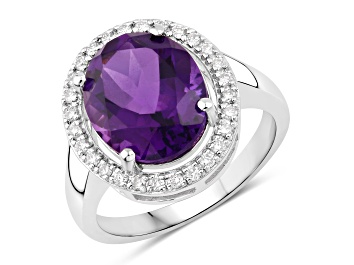 Picture of Oval Purple Amethyst and Lab Grown Diamond Rhodium Over Silver Halo Ring 4.08ctw