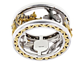 White Diamond Rhodium & 24K Gold Over Palladium Sterling Silver Cat Spinner Ring 0.02ctw