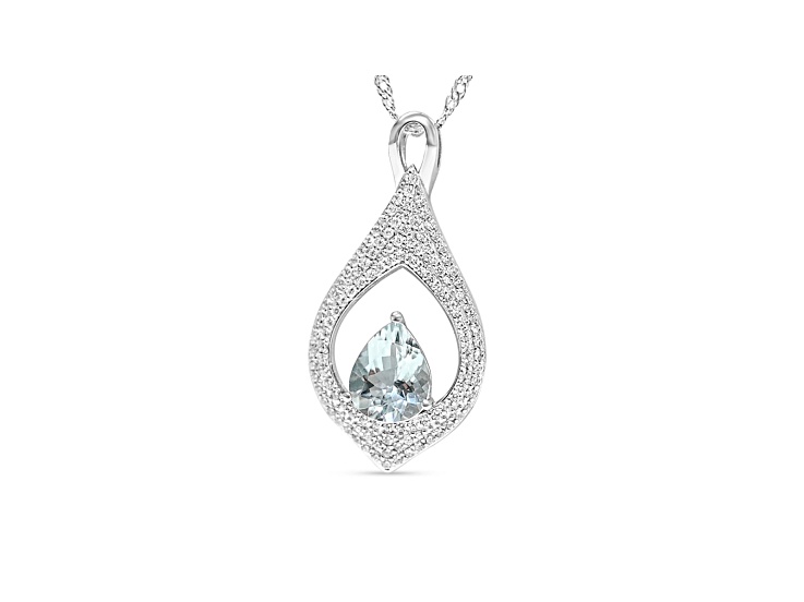 Pear Aquamarine and Cubic Zirconia Rhodium Over Sterling Silver Pendant with chain, 1.94ctw