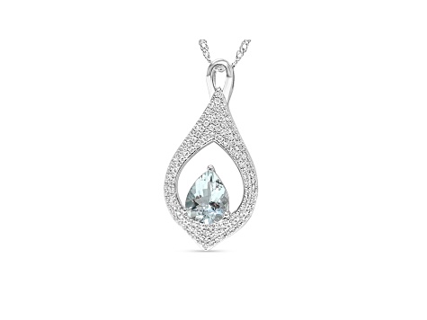 Pear Aquamarine and Cubic Zirconia Rhodium Over Sterling Silver Pendant with chain, 1.94ctw