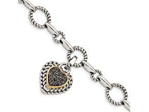 Sterling Silver with 14K Gold Over Sterling Silver Oxidized Black Diamond Heart Link Bracelet