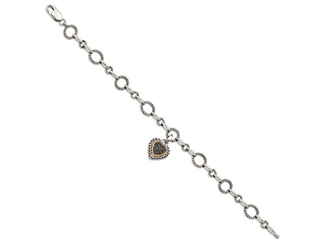 Sterling Silver with 14K Gold Over Sterling Silver Oxidized Black Diamond Heart Link Bracelet