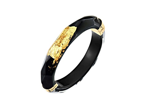 14K Yellow Gold Over Sterling Silver Thin Faceted Acrylic Bangle Bracelet in Black