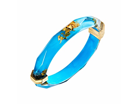 14K Yellow Gold Over Sterling Silver Thin Faceted Acrylic Bangle Bracelet in Turquoise