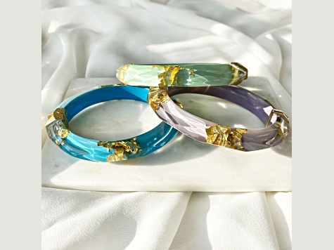 14K Yellow Gold Over Sterling Silver Thin Faceted Acrylic Bangle Bracelet in Turquoise