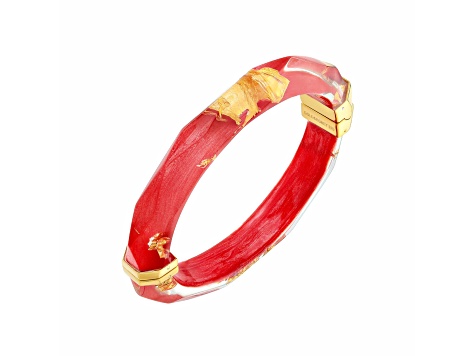 14K Yellow Gold Over Sterling Silver Thin Faceted Acrylic Bangle Bracelet in Watermelon Red