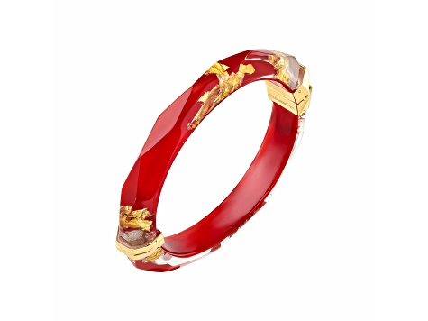 14K Yellow Gold Over Sterling Silver Thin Faceted Acrylic Bangle Bracelet in Carnelian Red