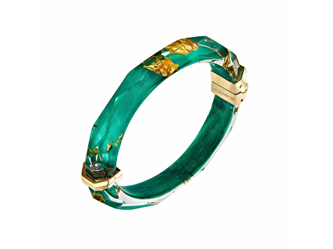 14K Yellow Gold Over Sterling Silver Thin Faceted Acrylic Bangle Bracelet in Dark Green