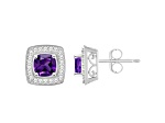 5mm Cushion Amethyst 1/5 ctw Diamond Rhodium Over Sterling Silver Halo Stud Earrings