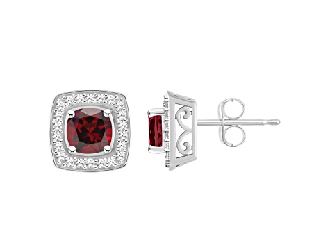 5mm Cushion Garnet 1/5 ctw Diamond Rhodium Over Sterling Silver Halo Stud Earrings