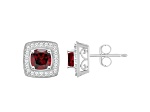 5mm Cushion Garnet 1/5 ctw Diamond Rhodium Over Sterling Silver Halo Stud Earrings