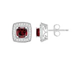 5mm Cushion Garnet 1/5 ctw Diamond Rhodium Over Sterling Silver Halo Stud Earrings