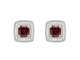 5mm Cushion Garnet 1/5 ctw Diamond Rhodium Over Sterling Silver Halo Stud Earrings