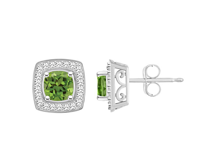 5mm Cushion Peridot 1/5 ctw Diamond Rhodium Over Sterling Silver Halo Stud Earrings