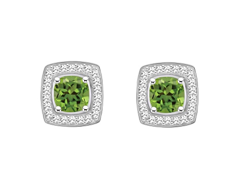 5mm Cushion Peridot 1/5 ctw Diamond Rhodium Over Sterling Silver Halo Stud Earrings