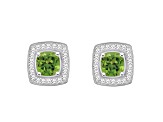 5mm Cushion Peridot 1/5 ctw Diamond Rhodium Over Sterling Silver Halo Stud Earrings