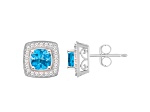 5mm Cushion Blue Topaz 1/5 ctw Diamond Rhodium Over Sterling Silver Halo Stud Earrings