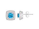 5mm Cushion Blue Topaz 1/5 ctw Diamond Rhodium Over Sterling Silver Halo Stud Earrings