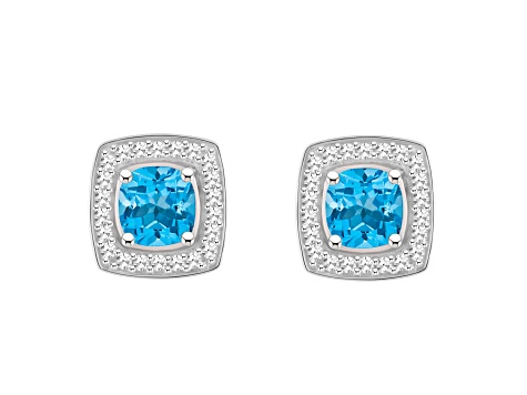 5mm Cushion Blue Topaz 1/5 ctw Diamond Rhodium Over Sterling Silver Halo Stud Earrings