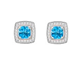 5mm Cushion Blue Topaz 1/5 ctw Diamond Rhodium Over Sterling Silver Halo Stud Earrings