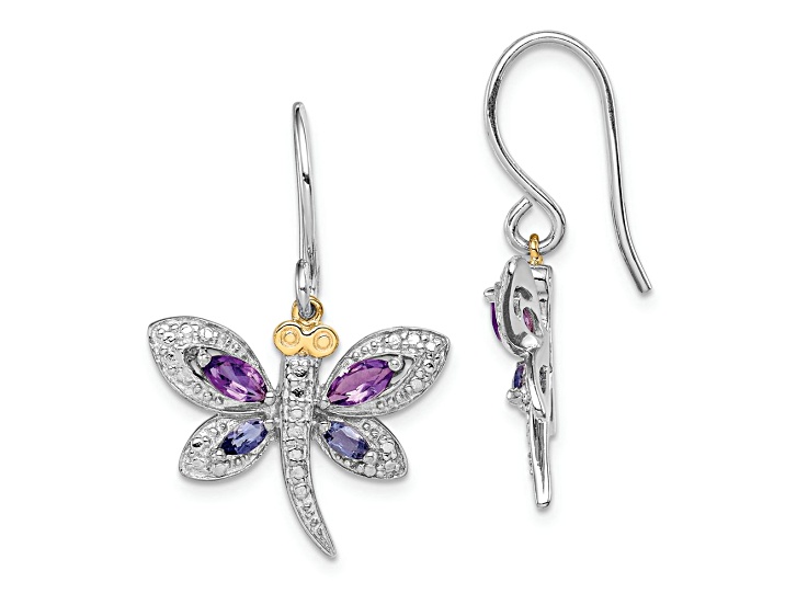 Rhodium Over Sterling Silver with 14K Yellow Gold Amethyst/Iolite/Diamond Dragonfly Earrings