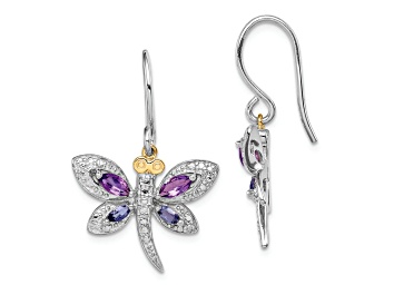 Picture of Rhodium Over Sterling Silver with 14K Yellow Gold Amethyst/Iolite/Diamond Dragonfly Earrings