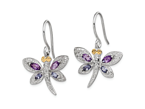 Rhodium Over Sterling Silver with 14K Yellow Gold Amethyst/Iolite/Diamond Dragonfly Earrings
