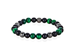 Invicta Jewelry Men's Green Tiger Eye with Onyx and Hematite Stone Bead Stretch Bracelet (8mm)
