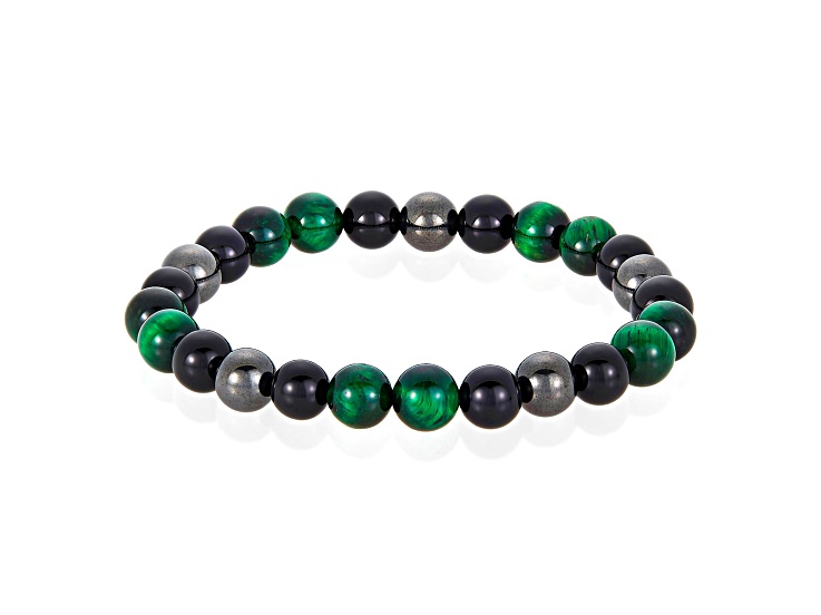 Invicta Jewelry Men's Green Tiger Eye with Onyx and Hematite Stone Bead Stretch Bracelet (8mm)