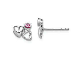 Rhodium Over Sterling Silver Child's Pink Preciosa Crystal Heart Post Earrings