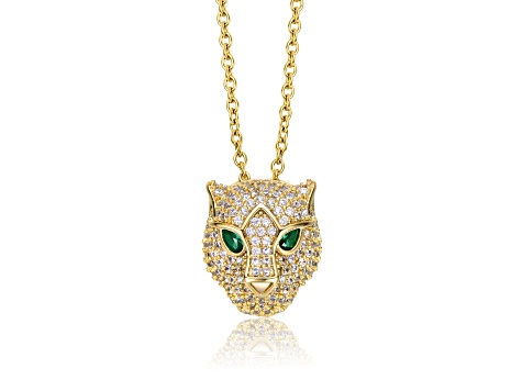 Green-color Cubic Zirconia, 14k Gold Plated over Brass 3D Panther Head Pendant Layering Necklace