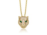 Green-color Cubic Zirconia, 14k Gold Plated over Brass 3D Panther Head Pendant Layering Necklace