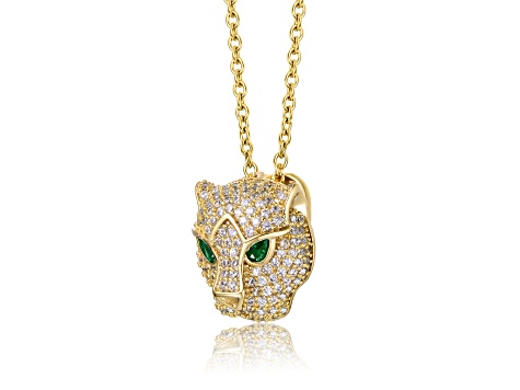 Green-color Cubic Zirconia, 14k Gold Plated over Brass 3D Panther Head Pendant Layering Necklace