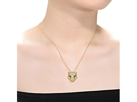 Green-color Cubic Zirconia, 14k Gold Plated over Brass 3D Panther Head Pendant Layering Necklace
