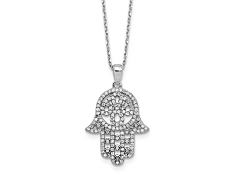 Rhodium Over Sterling Silver Polished Cubic Zirconia Hamsa Necklace