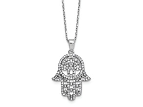 Rhodium Over Sterling Silver Polished Cubic Zirconia Hamsa Necklace