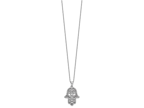 Rhodium Over Sterling Silver Polished Cubic Zirconia Hamsa Necklace