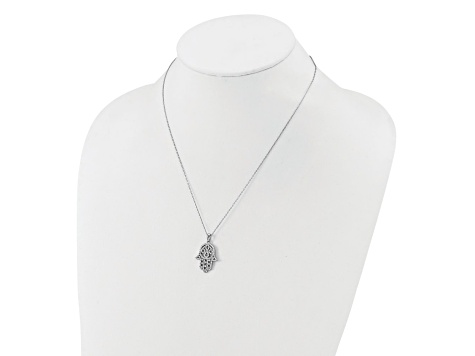 Rhodium Over Sterling Silver Polished Cubic Zirconia Hamsa Necklace