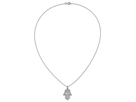 Rhodium Over Sterling Silver Polished Cubic Zirconia Hamsa Necklace