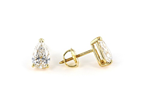 Certified Pear Shape White Lab-Grown Diamond E-F SI 18k Yellow Gold Stud Earrings 2.00ctw